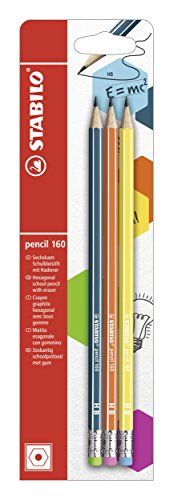 STABILO - Bleistift mit Radiergummi - pencil 160 in petrol, orange, gelb - 3er Pack - Härtegrad HB von STABILO