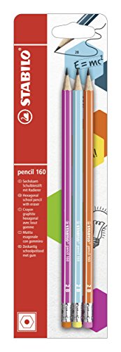 Bleistift mit Radiergummi - STABILO pencil 160 in pink, blau, orange - 3er Pack - Härtegrad 2B von STABILO