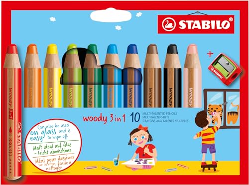 Buntstift, Wasserfarbe & Wachsmalkreide - STABILO woody 3 in 1 - 10er Pack mit Spitzer - mit 10 verschiedenen Farben von STABILO