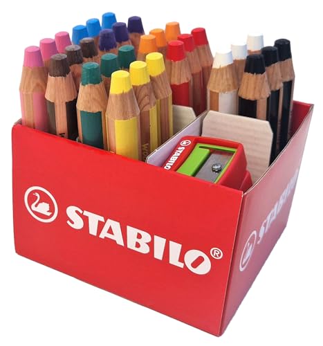 Buntstift, Wasserfarbe & Wachsmalkreide - STABILO woody 3 in 1 - 30er Box mit 2 Spitzern - mit 10 verschiedenen Farben von STABILO
