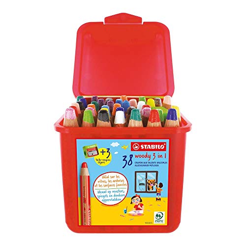 STABILO - Buntstift, Wasserfarbe & Wachsmalkreide - woody 3 in 1-38er Box und 3 Spitzer - mit 13 verschiedenen Farben von STABILO
