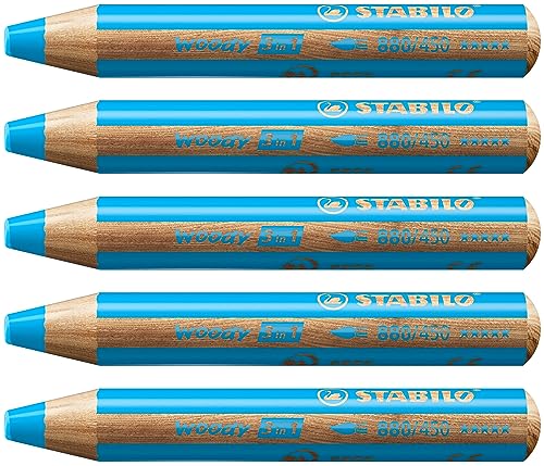 STABILO - Buntstift, Wasserfarbe & Wachsmalkreide - woody 3 in 1-5er Pack - cyanblau von STABILO