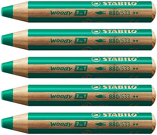 Buntstift, Wasserfarbe & Wachsmalkreide - STABILO woody 3 in 1 - 5er Pack - dunkelgrün von STABILO