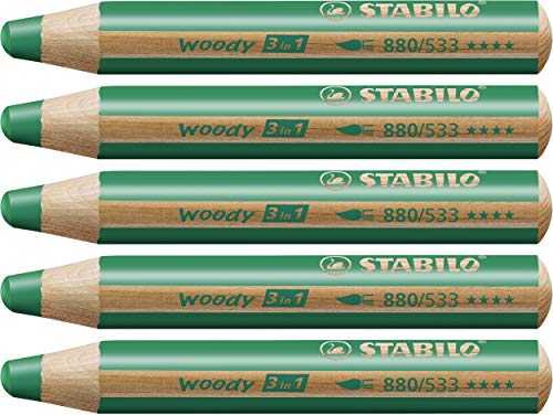 STABILO - Buntstift, Wasserfarbe & Wachsmalkreide - woody 3 in 1-5er Pack - dunkelgrün von STABILO