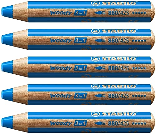 STABILO - Buntstift, Wasserfarbe & Wachsmalkreide - woody 3 in 1-5er Pack - mittelblau von STABILO