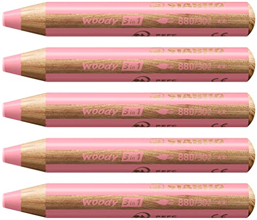 Buntstift, Wasserfarbe & Wachsmalkreide - STABILO woody 3 in 1 - 5er Pack - pastellpink von STABILO