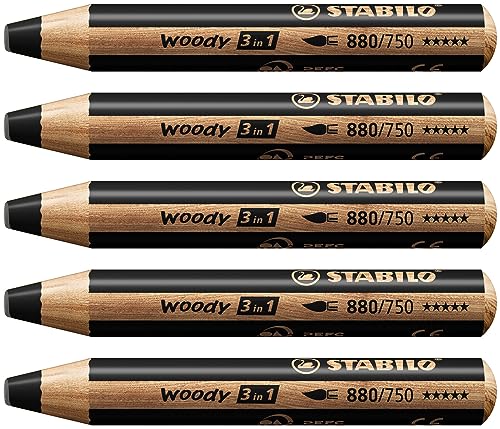 Buntstift, Wasserfarbe & Wachsmalkreide - STABILO woody 3 in 1 - 5er Pack - schwarz von STABILO