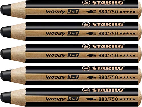 STABILO - Buntstift, Wasserfarbe & Wachsmalkreide - woody 3 in 1-5er Pack - schwarz von STABILO