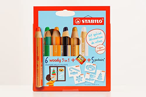 Buntstift, Wasserfarbe & Wachsmalkreide - STABILO woody 3 in 1 - 6er Pack mit Spitzer + 5 Schablonen - mit 6 verschiedenen Farben von STABILO