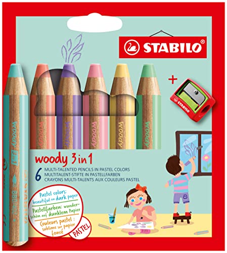 Buntstift, Wasserfarbe & Wachsmalkreide - STABILO woody 3 in 1 - 6er Pack mit Spitzer - mit 6 verschiedenen Pastellfarben von STABILO