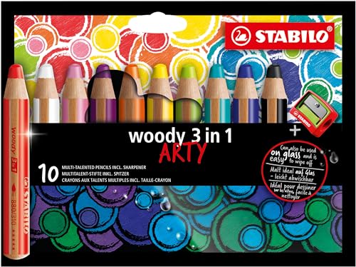 Buntstift, Wasserfarbe & Wachsmalkreide - STABILO woody 3 in 1 - ARTY - 10er Pack - mit 10 verschiedenen Farben und Spitzer von STABILO