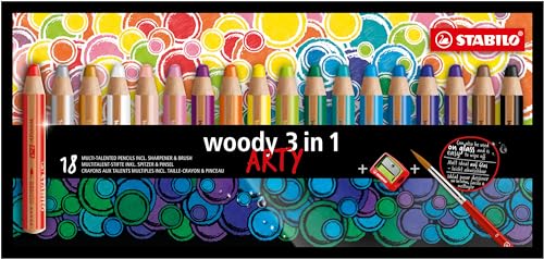 STABILO - Buntstift, Wasserfarbe & Wachsmalkreide - woody 3 in 1 - ARTY - 18er Pack mit Spitzer und Pinsel - mit 18 verschiedenen Farben von STABILO