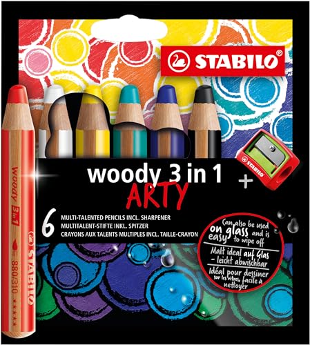 Buntstift, Wasserfarbe & Wachsmalkreide - STABILO woody 3 in 1 - ARTY - 6er Pack - mit 6 verschiedenen Farben und Spitzer von STABILO