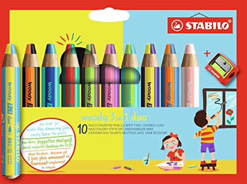 STABILO - Duo Buntstift, Wasserfarbe & Wachsmalkreide - woody 3 in 1 duo - zweifarbige Mine - 10er Pack mit Spitzer - mit 10 Stiften und 20 verschiedenen Farben von STABILO