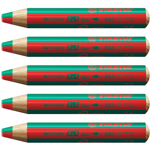 STABILO - Duo Buntstift, Wasserfarbe & Wachsmalkreide - woody 3 in 1 duo - zweifarbige Mine - 5er Pack - STABILOrot/dunkelgrün von STABILO