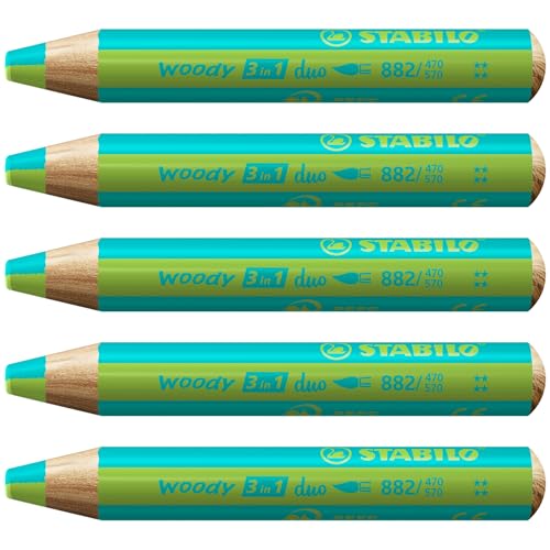 STABILO - Duo Buntstift, Wasserfarbe & Wachsmalkreide - woody 3 in 1 duo - zweifarbige Mine - 5er Pack - türkis/hellgrün von STABILO
