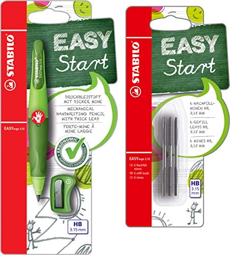 Ergonomischer Druck-Bleistift für Rechtshänder - STABILO EASYergo 3.15 - Härtegrad HB & Spitzer (Hell-/Dunkelgrün + 6 Minen) von STABILO