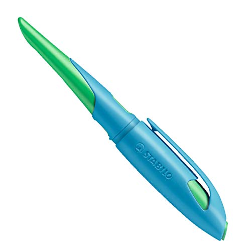 Ergonomischer Schulfüller für Linkshänder mit Anfänger-Feder A - STABILO EASYbirdy in himmelblau/grasgrün - inkl. Patrone - blau (löschbar) von STABILO