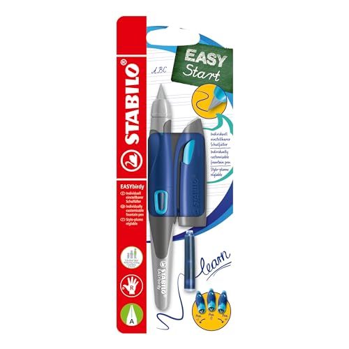 STABILO - Ergonomischer Schulfüller für Rechtshänder mit Anfänger-Feder A - EASYbirdy in mitternachtsblau/azur - Einzelstift - inklusive Patrone und Einstellwerkzeug - Schreibfarbe blau (löschbar) von STABILO