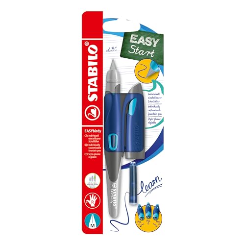 STABILO - Ergonomischer Schulfüller für Rechtshänder mit Standard-Feder M - EASYbirdy in mitternachtsblau/azur - Einzelstift - inkl. Patrone und Einstellwerkzeug - blau (löschbar) von STABILO