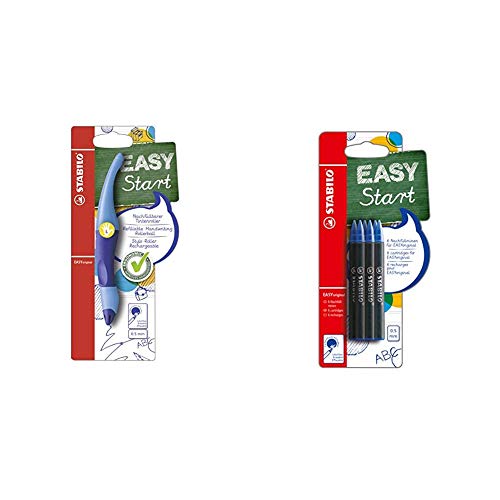 Ergonomischer Tintenroller für Linkshänder - STABILO EASYoriginal in dunkelblau/hellblau - Einzelstift - Schreibfarbe blau (löschbar) - inklusive Patrone + STABILO EASYoriginal Refill - medium - 6er Pack von STABILO