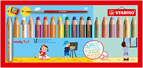 Farbige Stifte Stabilo Woody 880/18 Set von 18 Farben mit einem Bleistiftschärfer | 2 Stücke von STABILO