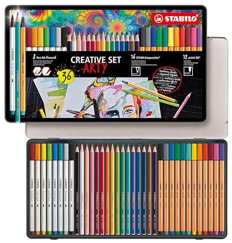STABILO Premium-Filzstift mit flexibler Pinselspitze Pen 68 brush, Fineliner point 88 und Aquarell-Buntstift STABILOaquacolor ARTY Creative Set von STABILO