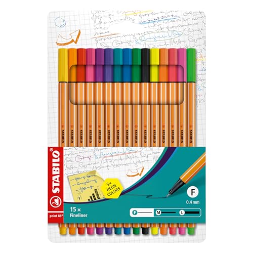 Fineliner - STABILO point 88 - 15er Pack - mit 15 verschiedenen Farben inkl. 5 Neonfarben von STABILO