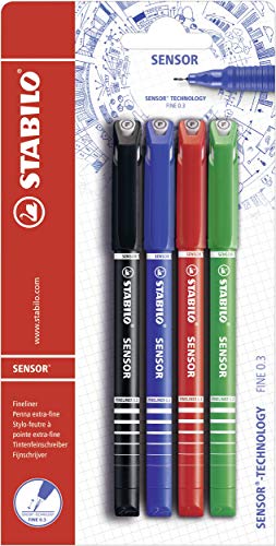 Fineliner mit gefederter Spitze - STABILO SENSOR F - fein - 4er Pack - schwarz, blau, rot, grün von STABILO