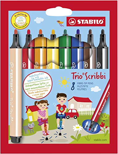 Gefederter Dreikant-Filzstift - STABILO Trio Scribbi - 8er Pack - mit 8 verschiedenen Farben von STABILO