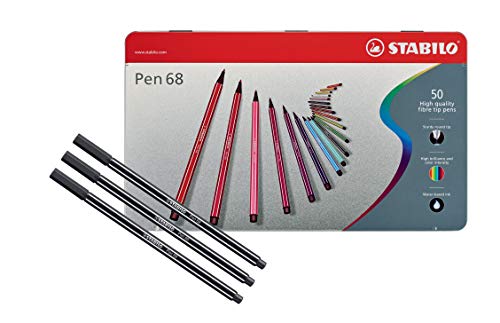 Premium-Filzstift - STABILO Pen 68-50er Metalletui - mit 46 verschiedenen Farben & Premium-Filzstift – STABILO Pen 68 – 3 x Einzelstift - schwarz von STABILO