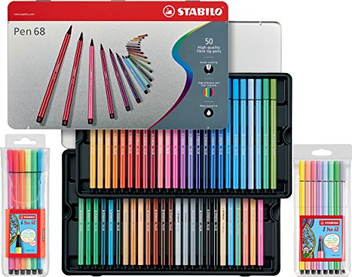 Premium-Filzstift - STABILO Pen 68 - 50er Metalletui - mit 46 verschiedenen Farben & Premium-Filzstift - STABILO Pen 68 - 6er Pack - 6 Neonfarben von STABILO