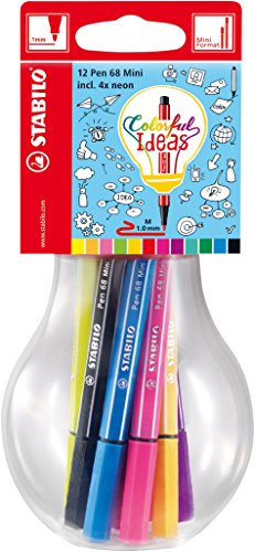 Premium-Filzstift- STABILO Pen 68 Mini - Colorful Ideas - 12er Pack - mit 12 verschiedenen Farben in wiederverschließbarer Glühbirne von STABILO