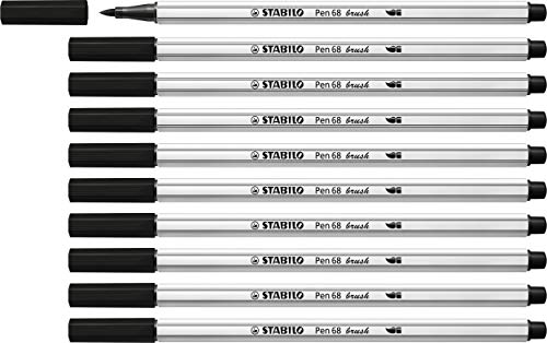 Premium-Filzstift mit Pinselspitze für variable Strichstärken - STABILO Pen 68 brush - 10er Pack - schwarz von STABILO