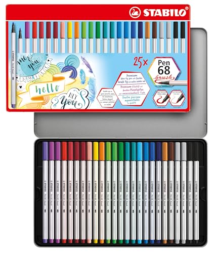 Premium-Filzstift mit Pinselspitze für variable Strichstärken - STABILO Pen 68 brush - 25er Metalletui - mit 19 verschiedenen Farben von STABILO