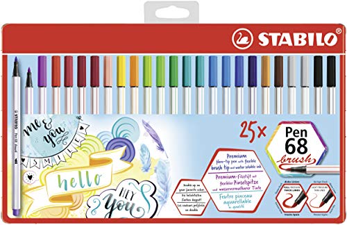 Premium-Filzstift mit Pinselspitze für variable Strichstärken - STABILO Pen 68 brush - 25er Metalletui mit Hängelasche - mit 24 verschiedenen Farben von STABILO