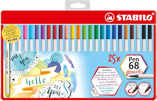 STABILO - Premium-Filzstift mit Pinselspitze für variable Strichstärken - Pen 68 brush - 25er Metalletui mit Hängelasche - mit 19 verschiedenen Farben von STABILO