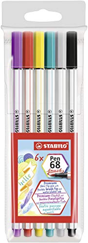 Premium-Filzstift mit Pinselspitze für variable Strichstärken - STABILO Pen 68 brush - 6er Pack - mit 6 verschiedenen Farben von STABILO