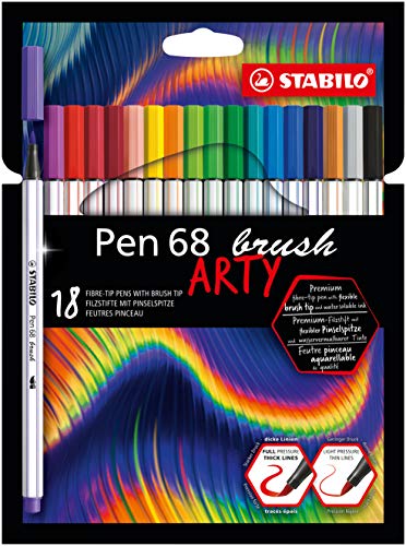 Premium-Filzstift mit Pinselspitze für variable Strichstärken - STABILO Pen 68 brush - ARTY - 18er Pack - mit 18 verschiedenen Farben von STABILO