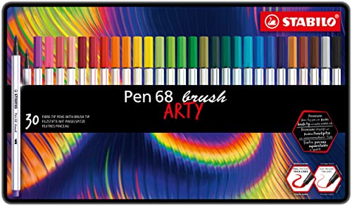 Premium-Filzstift mit Pinselspitze für variable Strichstärken - STABILO Pen 68 brush - ARTY - 30er Metalletui - mit 30 verschiedenen Farben von STABILO