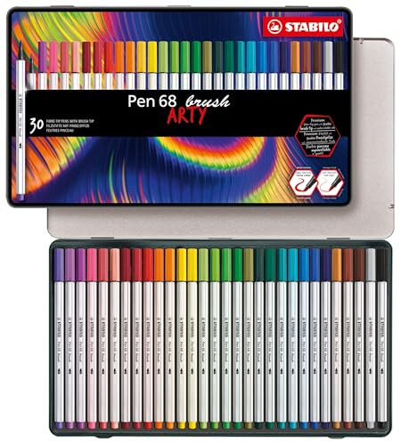 Premium-Filzstift mit Pinselspitze für variable Strichstärken - STABILO Pen 68 brush - ARTY - 30er Metalletui - mit 30 verschiedenen Farben von STABILO