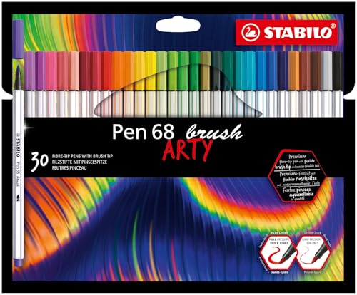 STABILO - Premium-Filzstift mit Pinselspitze für variable Strichstärken - Pen 68 brush - ARTY - 30er Pack - mit 30 verschiedenen Farben von STABILO