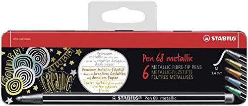 Premium Metallic-Filzstift - STABILO Pen 68 metallic - 6er Metalletui mit Hängelasche - 2x silber, je 1x gold, kupfer, metallic blau, metallic grün von STABILO