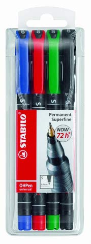 STABILO® OH-Stift OHPen universal, S, nachfüllbar, permanent, Rundspitze, 0,4 mm, Schaftfarbe: schwarz, Schreibfarbe: 4er sortiert (4 Stück), Sie erhalten 1 Etui á 4 Stück von STABILO