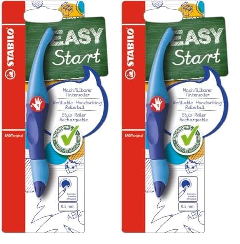 STABILO - Ergonomischer Tintenroller für Rechtshänder - EASYoriginal in dunkel-/hellblau - blau (löschbar) - inkl. Patrone (Packung mit 2) von STABILO