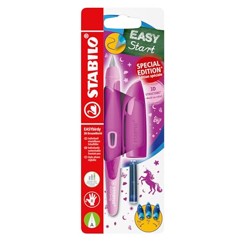STABILO - Schulfüller ergonomisch für Rechtshänder mit Anfänger-Feder A - EASYbirdy 3D DreamWorld Special Edition in pink - inkl. Patrone von STABILO