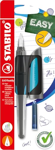 STABILO - Schulfüller mit Linkshänder-Feder L - EASYbuddy in schwarz/hellblau - Schreibfarbe blau (löschbar) - Einzelstift - inklusive Patrone von STABILO