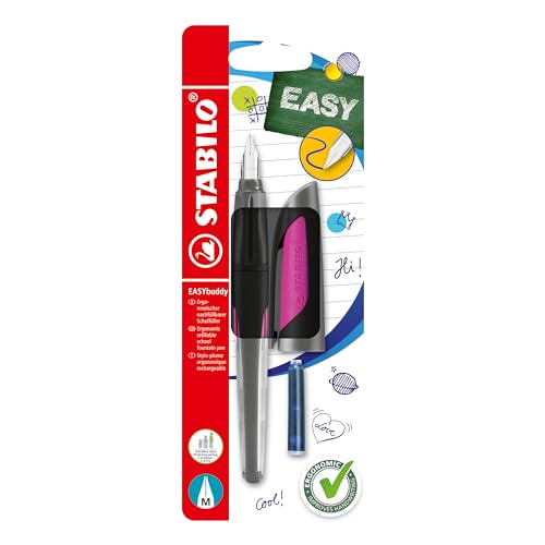 STABILO - Schulfüller mit Standard-Feder M - EASYbuddy in schwarz/magenta - Schreibfarbe blau (löschbar) - Einzelstift - inklusive Patrone von STABILO