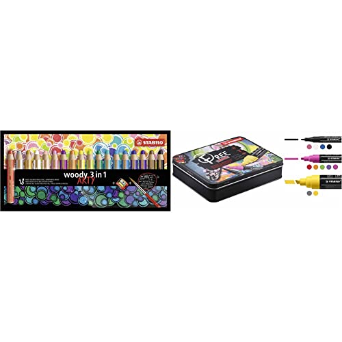 Stifte-Set STABILO Buntstift, Wasserfarbe & Wachsmalkreide - woody 3 in 1 - ARTY - 18er Pack mit Spitzer und Pinsel & Acrylmarker - FREE Acrylic Starter Set - 4x T100, 5x T300, 2x T800C - 11er Pack von STABILO