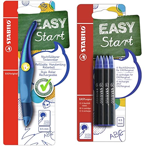 Stifte-Set STABILO Ergonomischer Tintenroller für Linkshänder - EASYoriginal Holograph in blau - blau (löschbar) - inkl. Patrone & Tintenpatronen - EASYoriginal Refill - medium - 6er Pack von STABILO